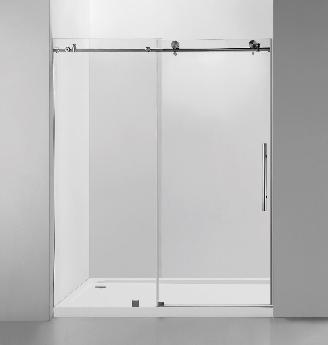 Ratel 2 WHEELS ROUND FRAMELESS 10MM THICK TEMPERED GLASS SHOWER DOOR 60"W x 76"H - Brushed Nickel