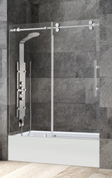 Ratel 4 WHEELS ROUND FRAMELESS 10MM THICK TEMPERED GLASS SHOWER DOOR ON BATHTUB 60"W x 58"H - Chrome