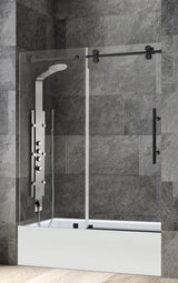 Ratel 4 WHEELS ROUND FRAMELESS 10MM THICK TEMPERED GLASS SHOWER DOOR ON BATHTUB 60"W x 58"H - Matte Black