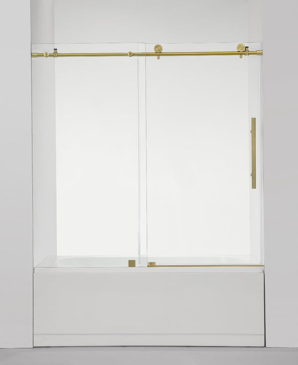 Ratel 4 WHEELS ROUND FRAMELESS 10MM THICK TEMPERED GLASS SHOWER DOOR ON BATHTUB 60W x 58H - Brushed Gold