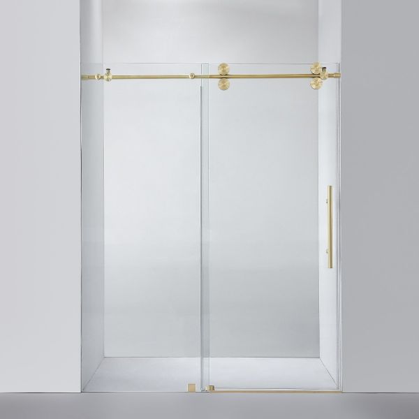 Ratel 4 WHEELS ROUND FRAMELESS 10MM THICK TEMPERED GLASS SHOWER DOOR 60"W x 76"H - Brushed Gold