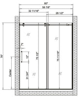 Ratel SQUARE FRAMELESS SHOWER GLASS DOOR (10MM) THICK TEMPERED GLASS 60"W X 76"H - Brushed Nickel