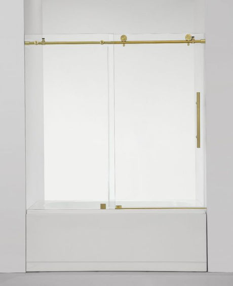 Ratel 4 WHEELS ROUND FRAMELESS 10MM THICK TEMPERED GLASS SHOWER DOOR ON BATHTUB 60"W x 58"H - Brushed Gold