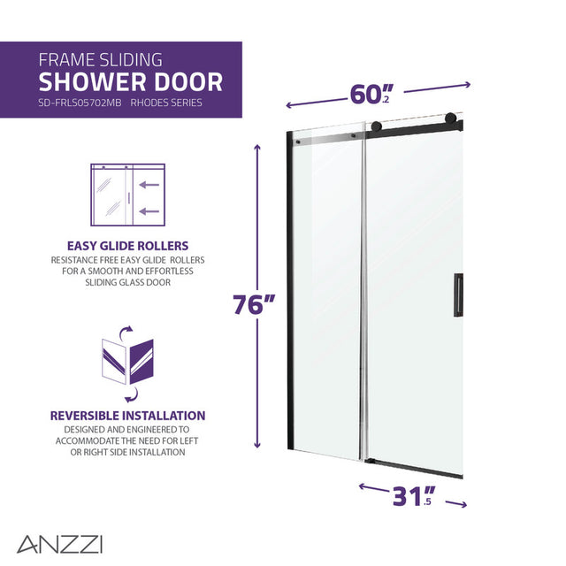 Anzzi Rhodes Series Frameless Sliding Shower Door (60"W x 76"H) with Handle