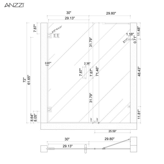 Anzzi Consort Series Frameless Hinged Alcove (60"W x 72"H) Shower Door in Brushed Nickel with Handle