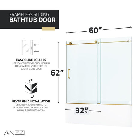 Anzzi Don Series Frameless Sliding Tub Door (60" W x 62" H) in Crystal Clear glass