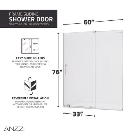 Anzzi Longboat Series Semi-Frameless Shower Door (60"W x 76"H) in Crystal Clear glass