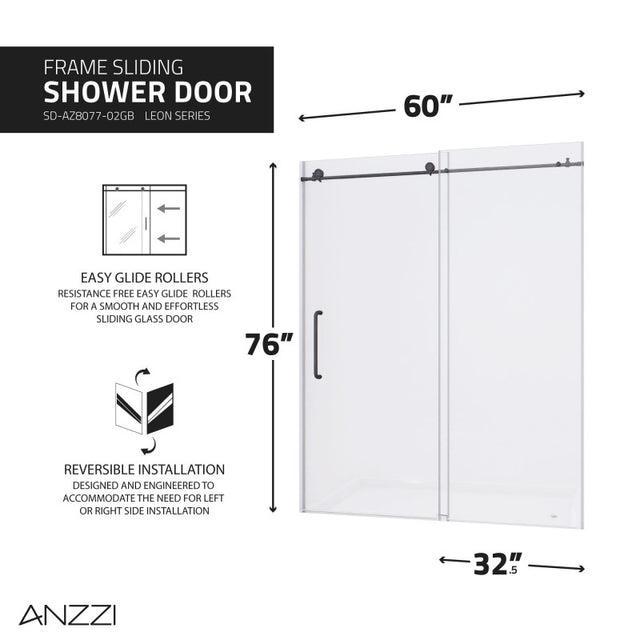 Anzzi Leon Series Frameless Sliding Shower Door (60" W x 76" H) with Handle