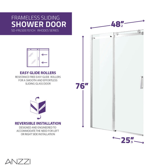 Anzzi Rhodes Series Frameless Sliding Shower Door (48" W x 76" H) with Handle