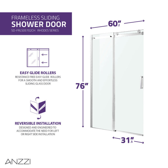 Anzzi Rhodes Series Frameless Sliding Shower Door (60"W x 76"H) with Handle