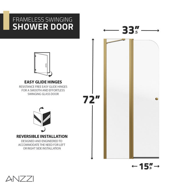 Anzzi Romance Frameless Swinging Shower Door (33.5"W x 72"H) in Crystal Clear glass