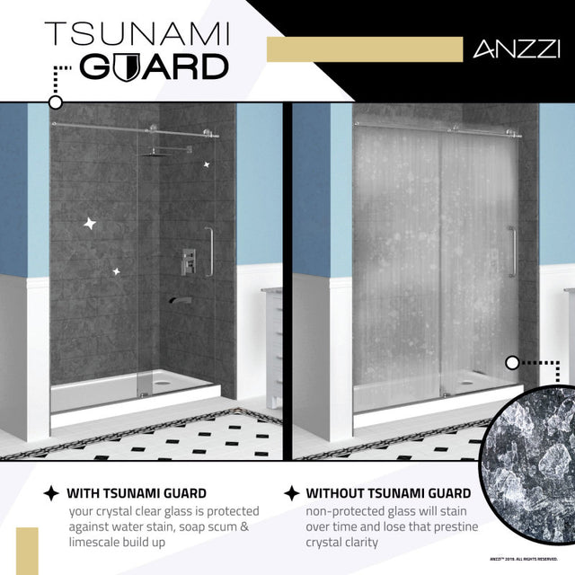 Anzzi Madam Series Frameless Sliding (60"W x 76"H) Shower Door in Brushed Nickel with Handle
