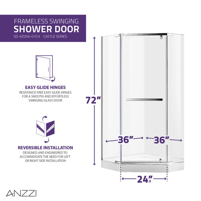 Anzzi Castle Series Semi-Frameless Hinged Shower Door (49"W x 72"H) with Crystal Clear glass