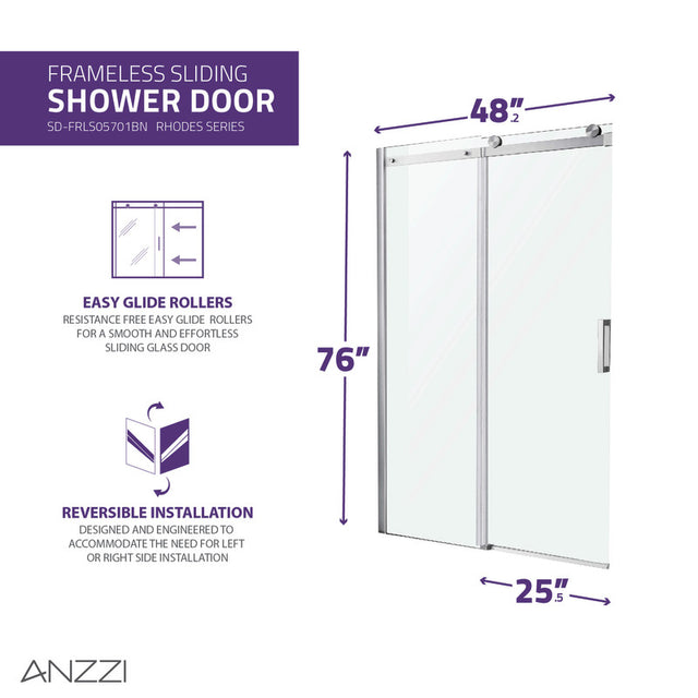 Anzzi Rhodes Series Frameless Sliding Shower Door (48" W x 76" H) with Handle