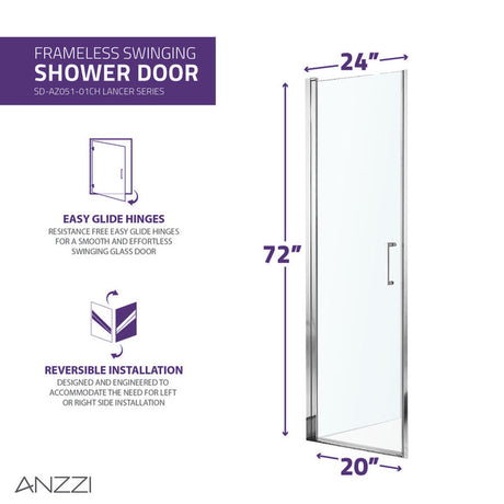 Anzzi Lancer Series Semi-Frameless Hinged Shower Door (23" W x 72" H) in Crystal Clear glass