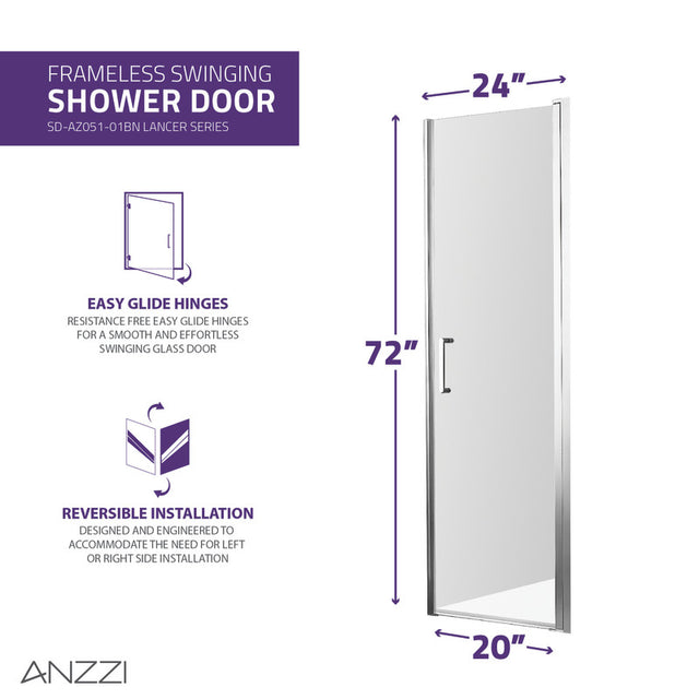 Anzzi Lancer Series Semi-Frameless Hinged Shower Door (23" W x 72" H) in Crystal Clear glass