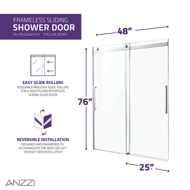 Anzzi Stellar Series Frameless Sliding (48"W x 76"H) Shower Door with Handle