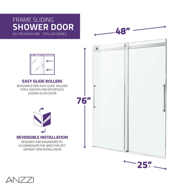 Anzzi Stellar Series Frameless Sliding (48"W x 76"H) Shower Door with Handle